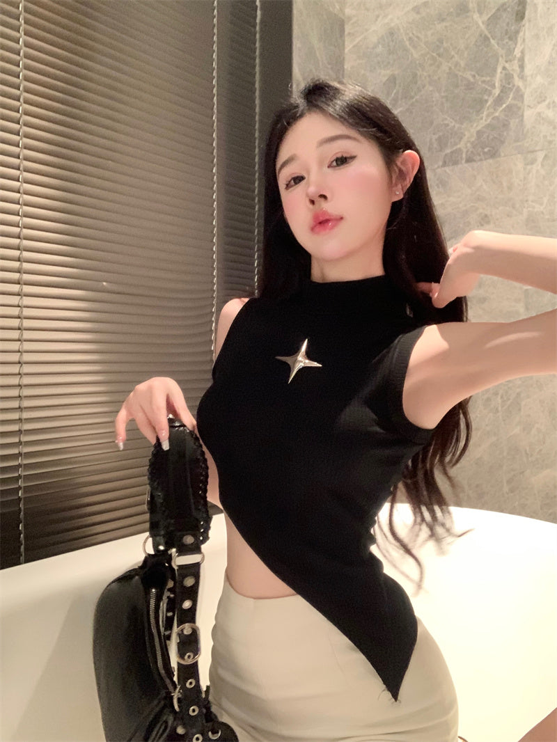 Soniu Solid Color Ribbed Turtleneck Sleeveless Asymmetrical Slim Cropped Top