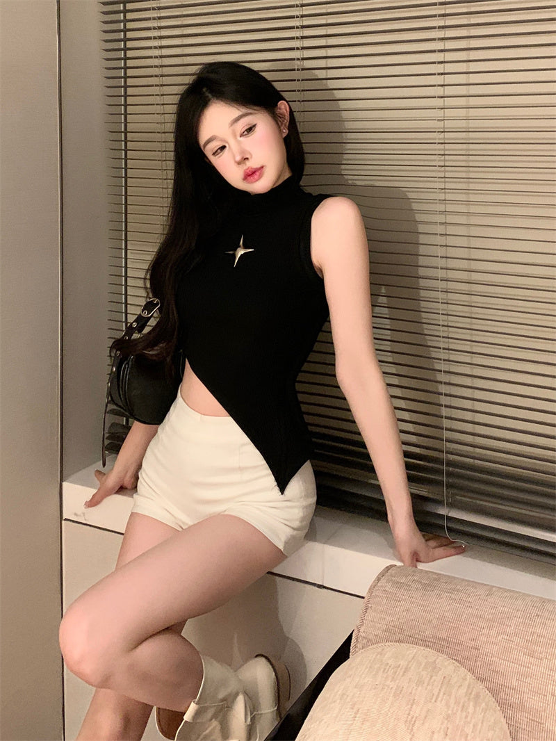 Soniu Solid Color Ribbed Turtleneck Sleeveless Asymmetrical Slim Cropped Top