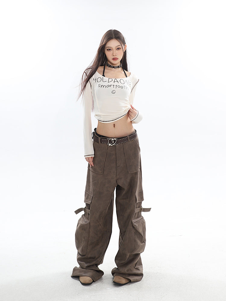 Natasha Washed Leather Zip Up Multi-Zipper Long Sleeve Jacket + High Waist Straight Leg Multi Pocket Cargo Long Baggy Pants Matching Set