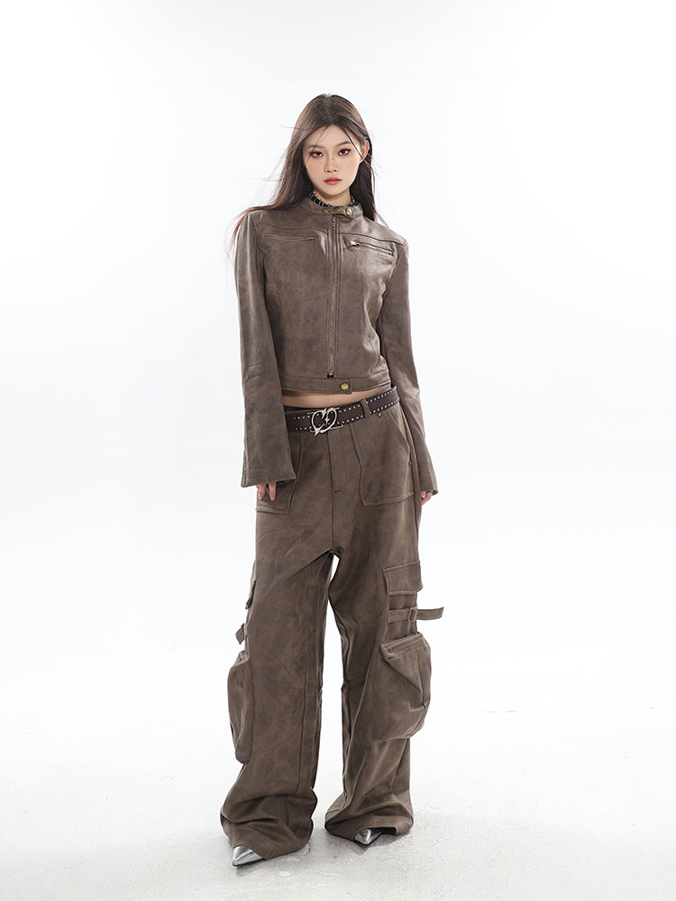 Natasha Washed Leather Zip Up Multi-Zipper Long Sleeve Jacket + High Waist Straight Leg Multi Pocket Cargo Long Baggy Pants Matching Set