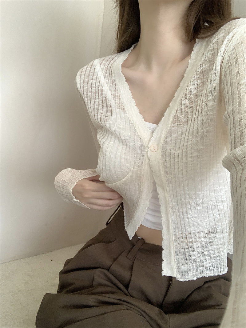 Chantelle Solid Color Ribbed V-Neck Long-Sleeved Knitted Cardigan Button Up Top