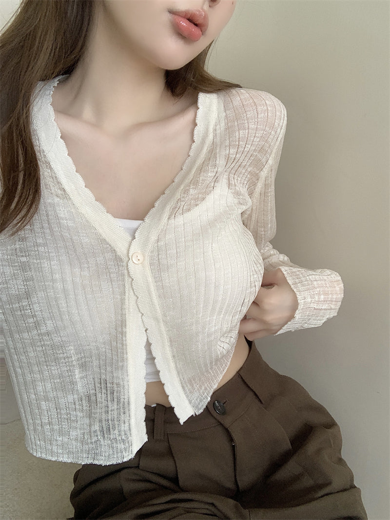 Chantelle Solid Color Ribbed V-Neck Long-Sleeved Knitted Cardigan Button Up Top