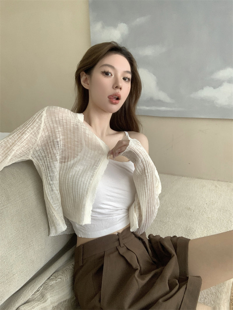 Chantelle Solid Color Ribbed V-Neck Long-Sleeved Knitted Cardigan Button Up Top