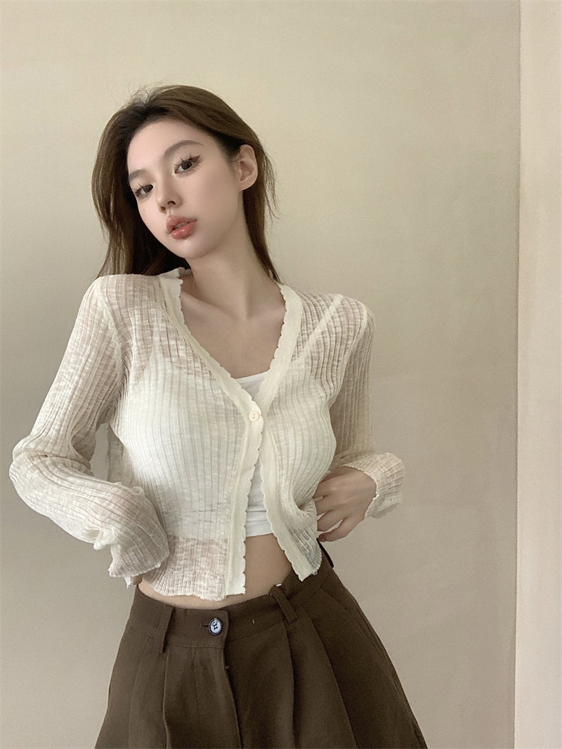 Chantelle Solid Color Ribbed V-Neck Long-Sleeved Knitted Cardigan Button Up Top