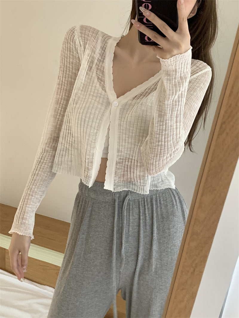 Chantelle Solid Color Ribbed V-Neck Long-Sleeved Knitted Cardigan Button Up Top