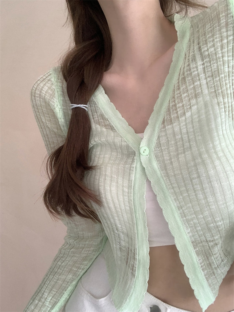 Chantelle Solid Color Ribbed V-Neck Long-Sleeved Knitted Cardigan Button Up Top