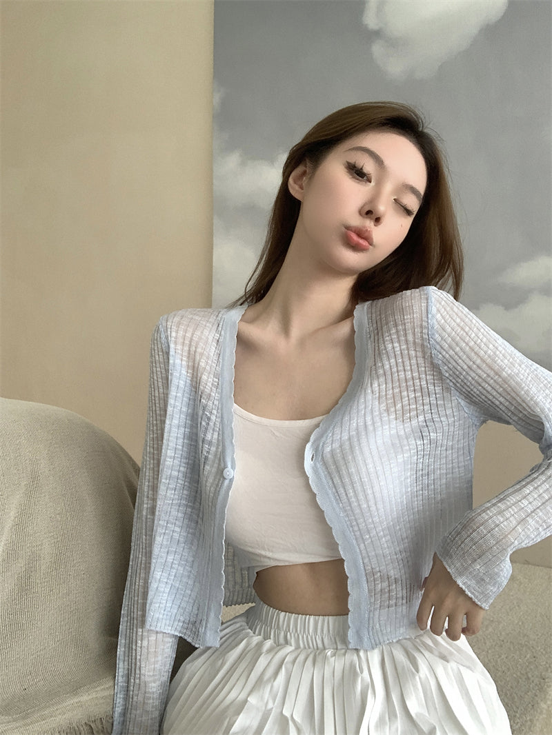 Chantelle Solid Color Ribbed V-Neck Long-Sleeved Knitted Cardigan Button Up Top