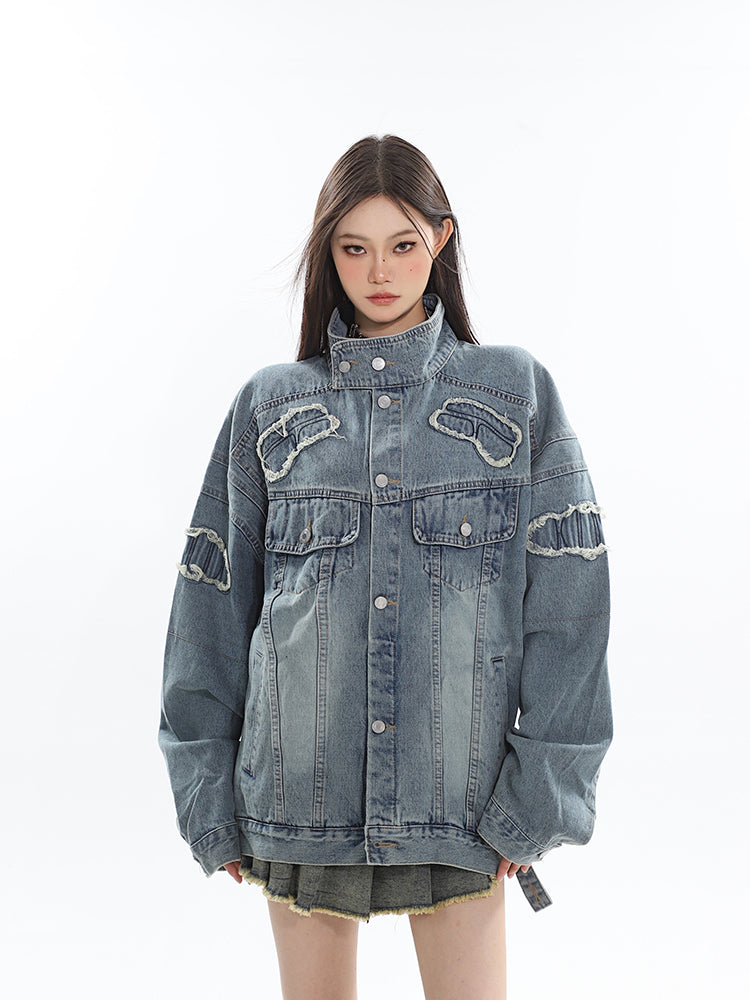 Louis Washed Denim Blue Patchwork Long Sleeve Button Up Turtleneck Jean Jacket