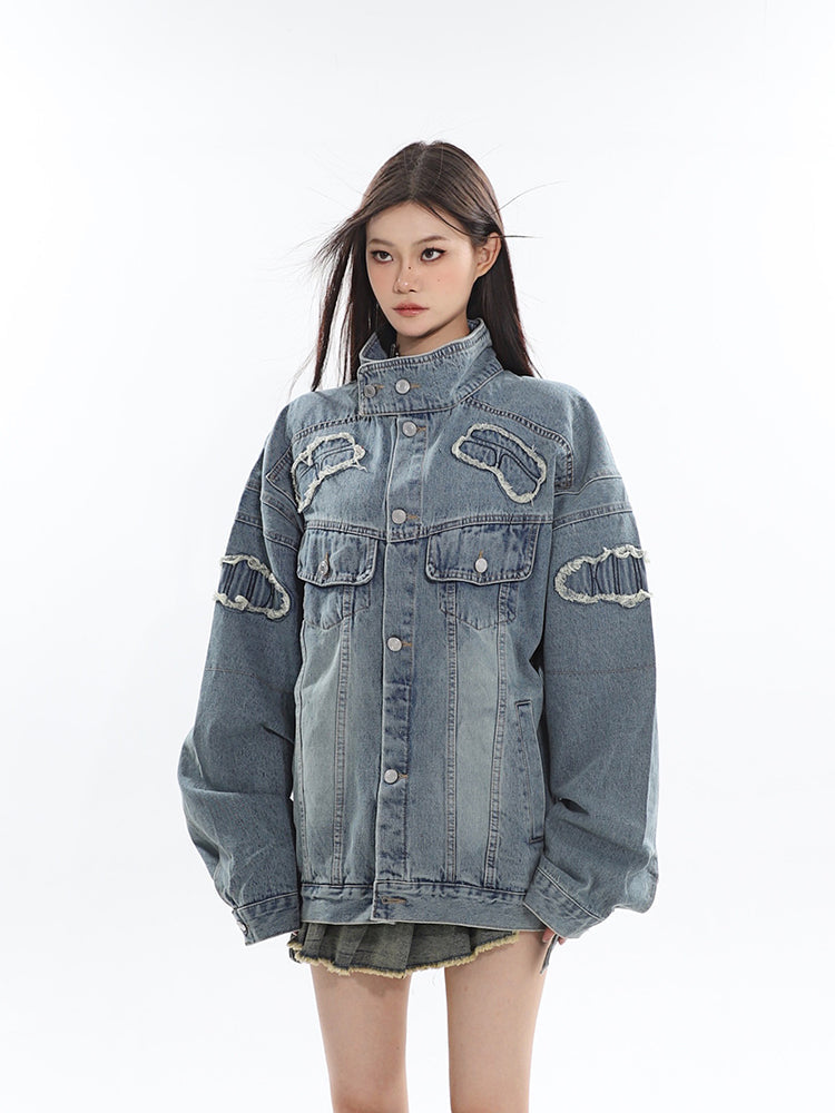 Louis Washed Denim Blue Patchwork Long Sleeve Button Up Turtleneck Jean Jacket