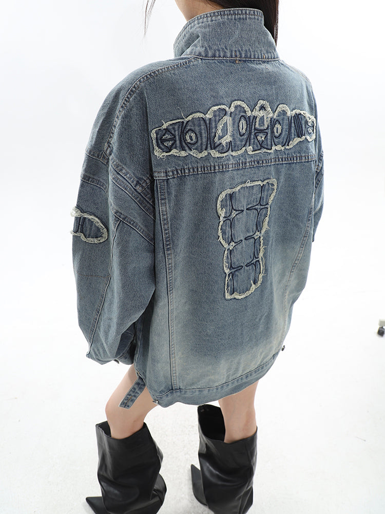 Louis Washed Denim Blue Patchwork Long Sleeve Button Up Turtleneck Jean Jacket