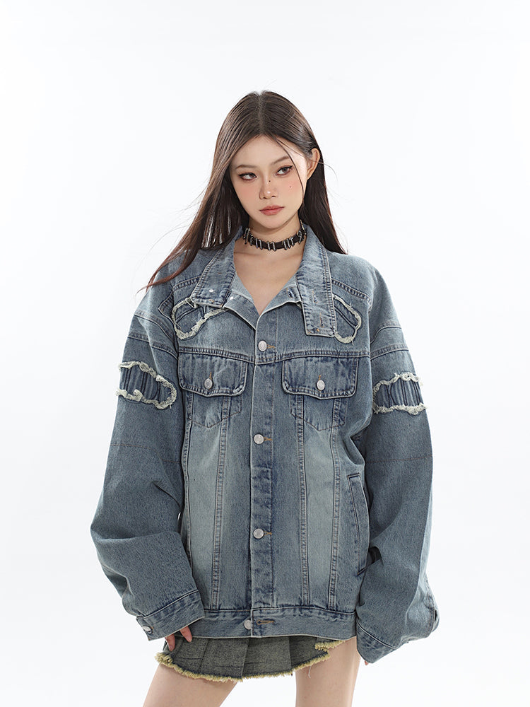 Louis Washed Denim Blue Patchwork Long Sleeve Button Up Turtleneck Jean Jacket