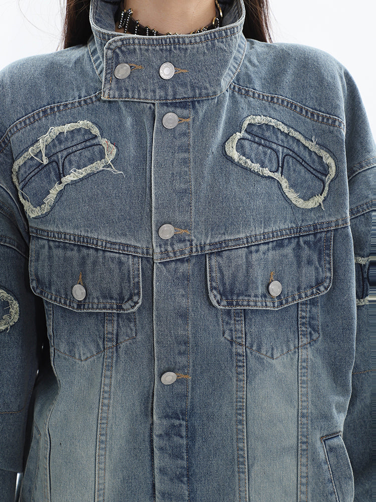 Louis Washed Denim Blue Patchwork Long Sleeve Button Up Turtleneck Jean Jacket