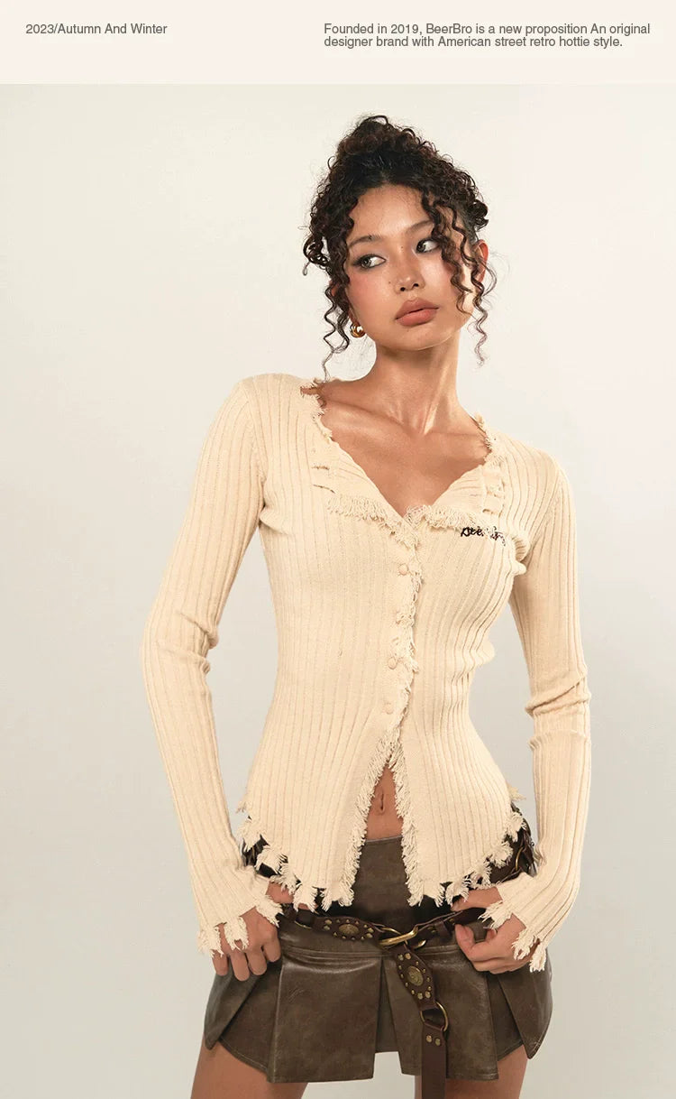 BeerBro Ribbed Knitwear Fall Autumn Cardigan Woolen Slim Long Sleeve Top