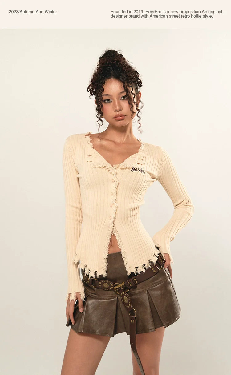 BeerBro Ribbed Knitwear Fall Autumn Cardigan Woolen Slim Long Sleeve Top