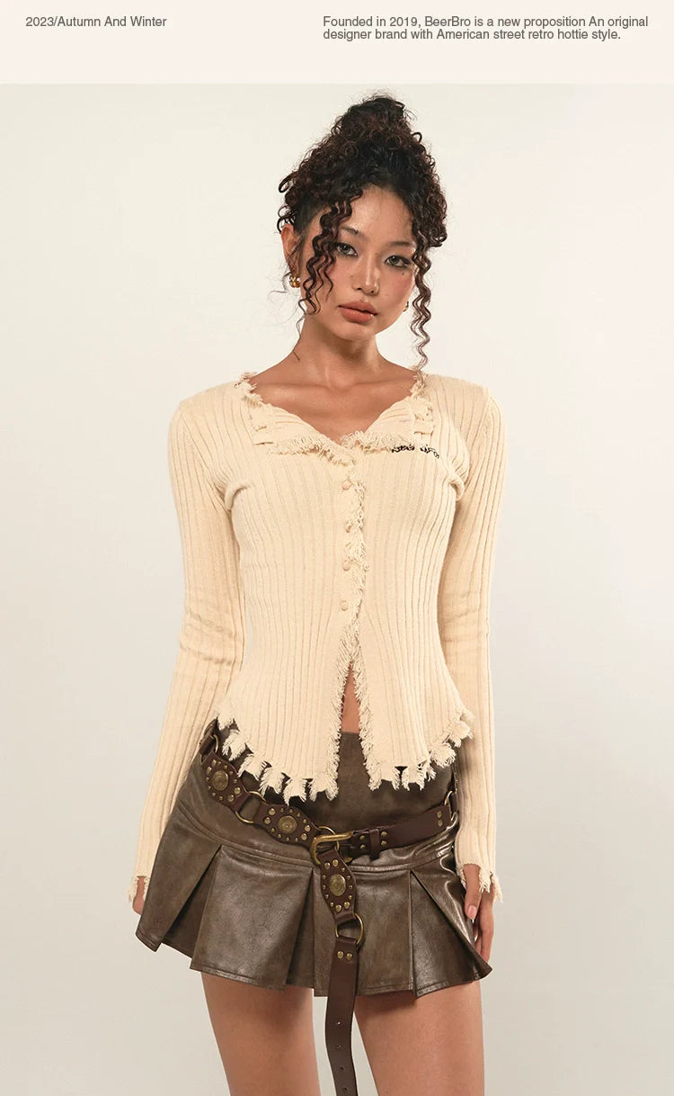 BeerBro Ribbed Knitwear Fall Autumn Cardigan Woolen Slim Long Sleeve Top