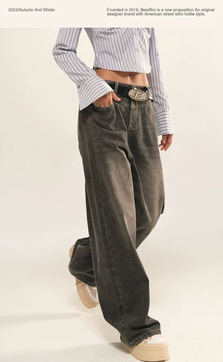 BeerBro Washed Faded Denim High Waist Straight Leg Baggy Jeans Pants