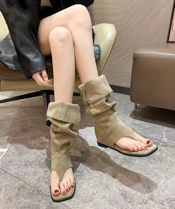 Khaki Thong Sandals Boots Peep Toe Splicing Suede Wedge OI047