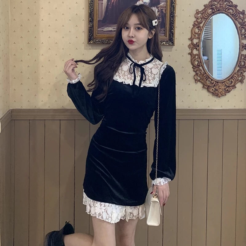 Larme Doll Velvet Goth Lace Mini Dress