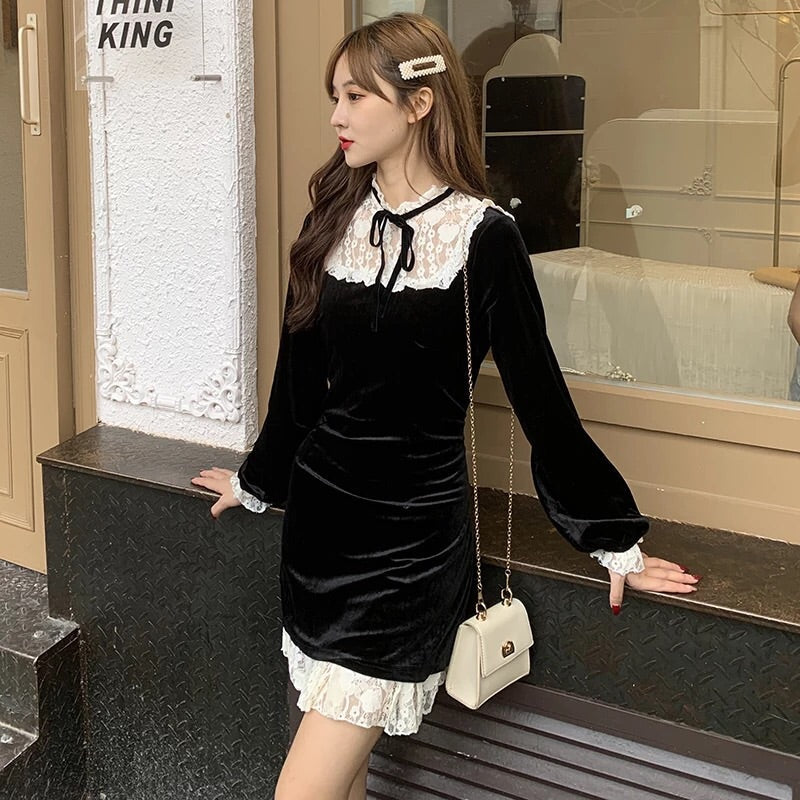 Larme Doll Velvet Goth Lace Mini Dress