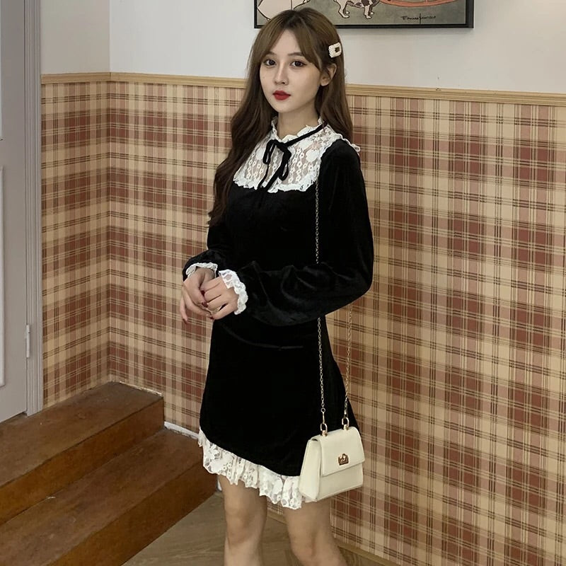 Larme Doll Velvet Goth Lace Mini Dress