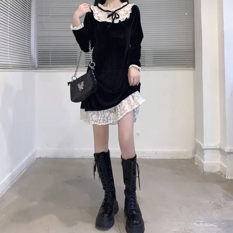 Larme Doll Velvet Goth Lace Mini Dress