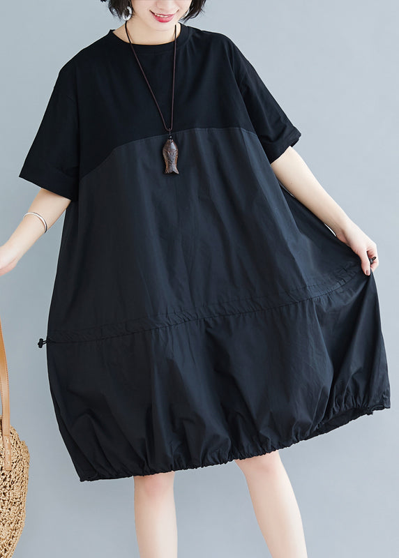 Loose Black O Neck Drawstring Patchwork Cotton Dresses Summer AP081