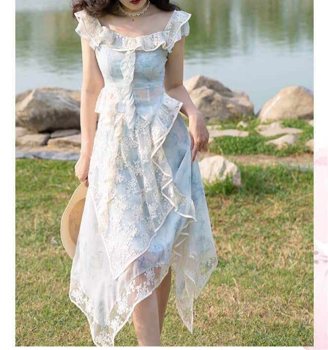 Loretta Ethereal Blue Rose Layered 2-Piece Fairycore Dress Set