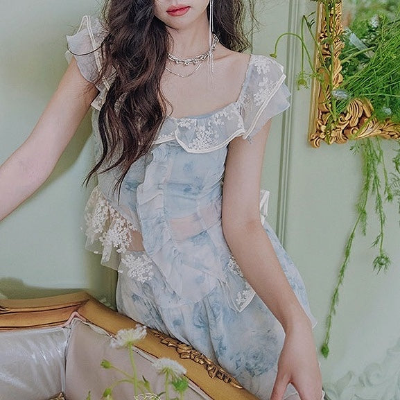 Loretta Ethereal Blue Rose Layered 2-Piece Fairycore Dress Set