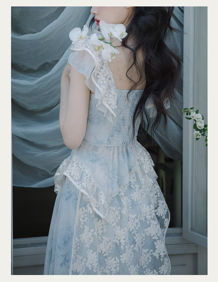 Loretta Ethereal Blue Rose Layered 2-Piece Fairycore Dress Set