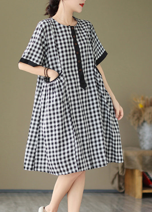 Natural O Neck Big Plaid Pockets Loose Cotton Dress Summer AP076