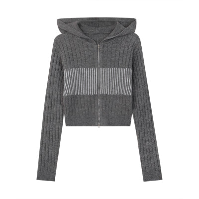 Destinee Long Sleeve Wool Ribbed Zip Up Hooded Sweater