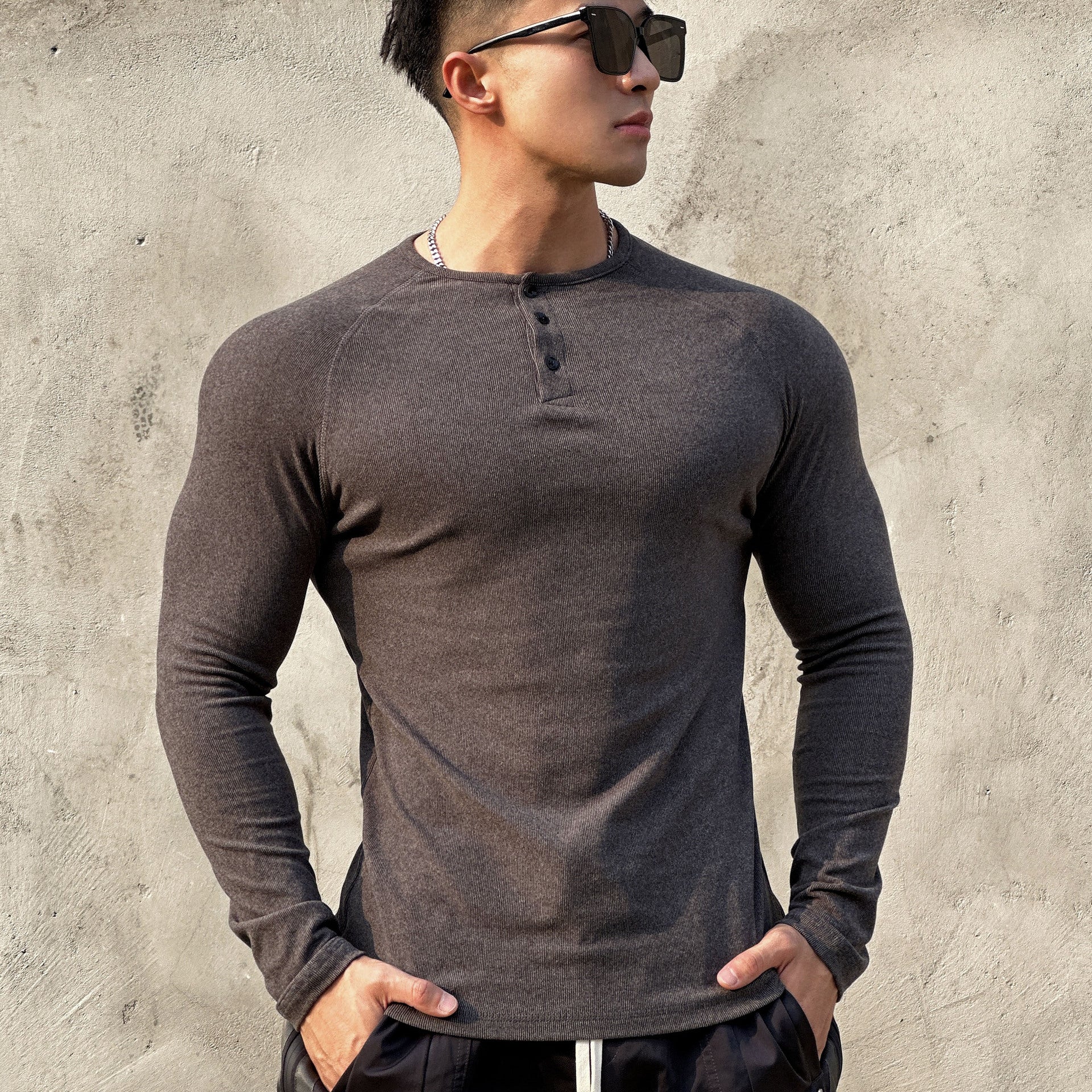 men’s fall fashion 2024 Fleece-lined Sports Suede Henley Shirt Long Sleeve Simple American Style Stretch Muscle Men's T-shirt Training Fitness Top