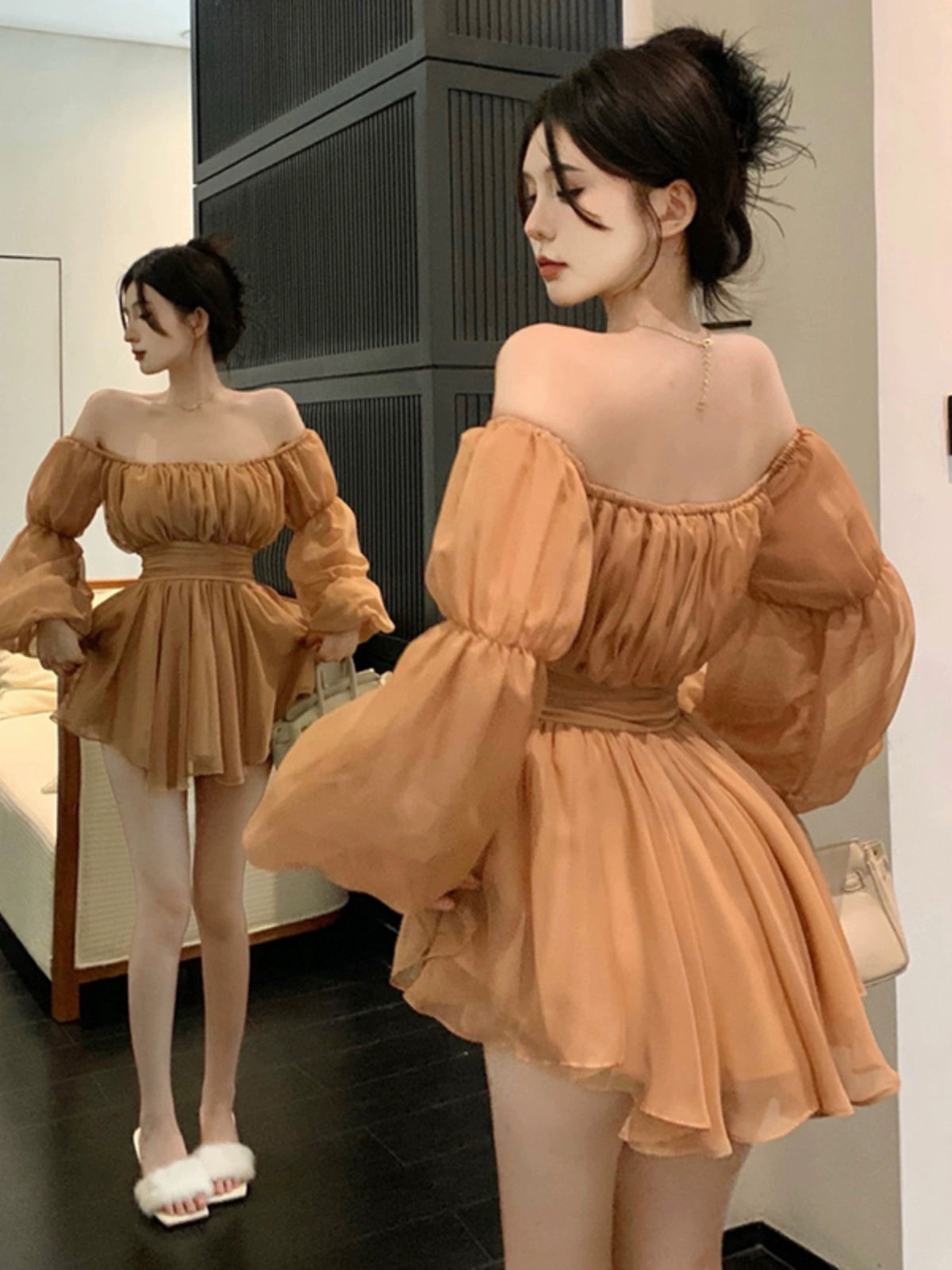 Autumn and Winter off-Shoulder Long Sleeve Sexy Chiffon Dress