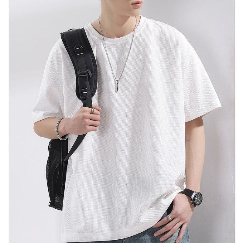 boy outfits American Style Small High Neckline Short Sleeve Men's New Half Sleeve White Undershirt Solid Color round Neck Loose T-shirt Fashion