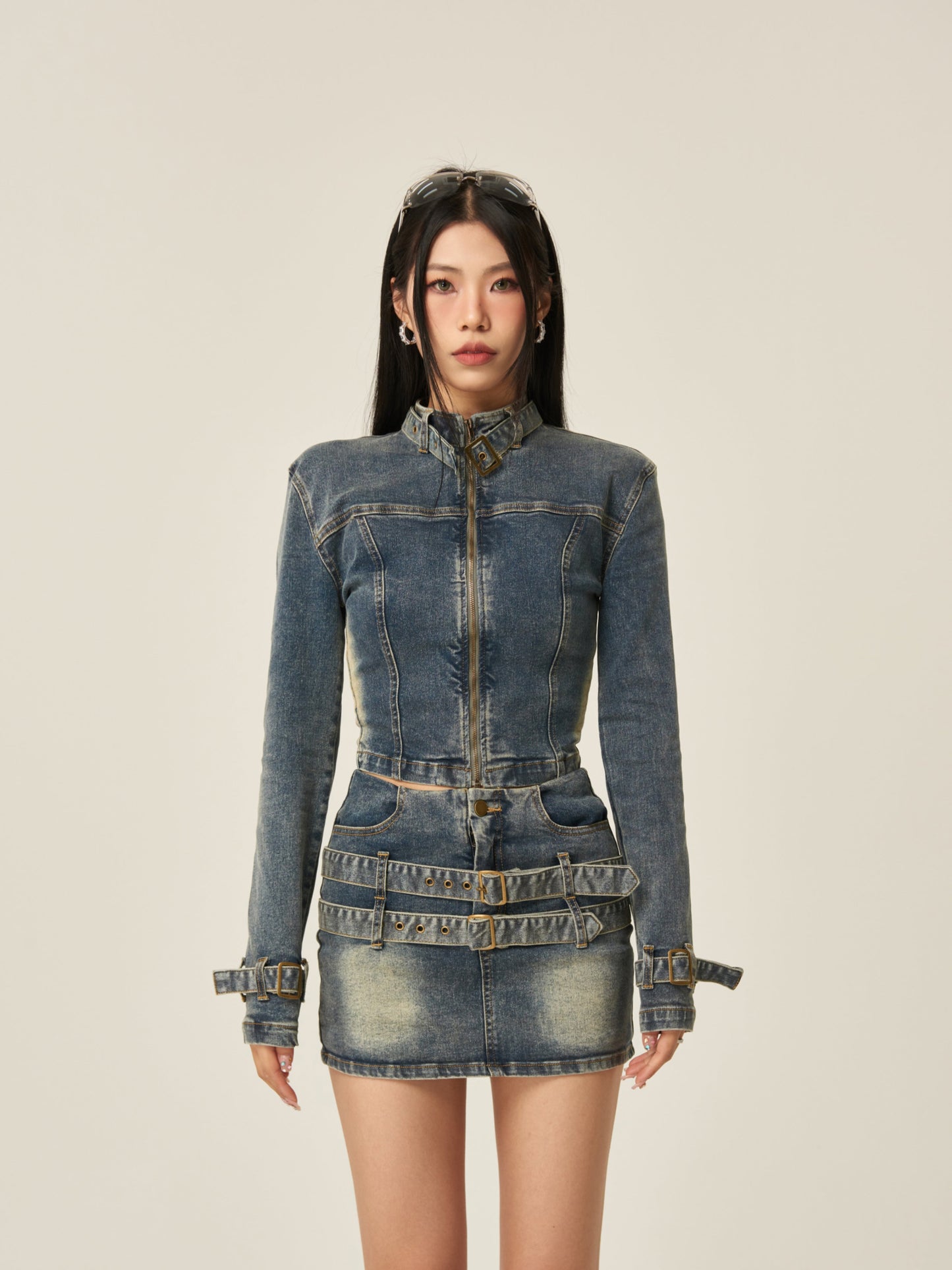 Fiona Denim Blue Washed Faded Long Sleeve Zip Up Jacket High Waist Belt Straps Jeans Mini Skirt Matching Set