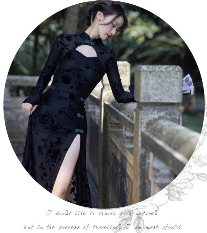 Lilith Black 90s Style Cheongsam 2-Piece Dress