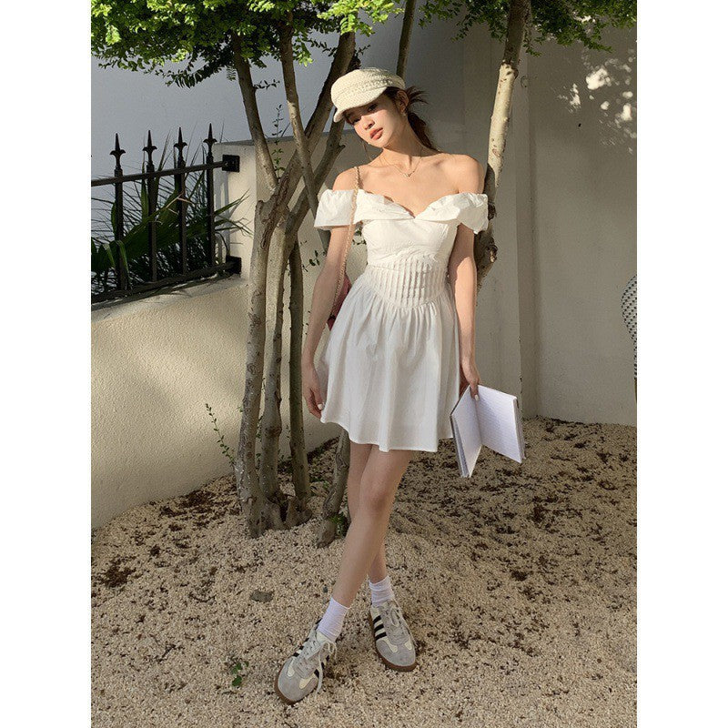 2024 Summer New Design French Dress Women's One Shoulder White Temperament First Love Puffy Short Skirt