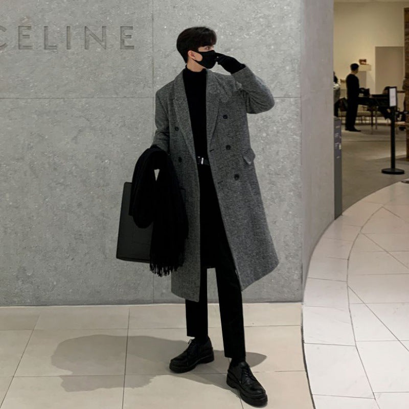 mens winter fashion Mid-Length Woolen Overcoat Men's Winter Korean Style Loose Casual Thickened Men's Woolen Trench Coat