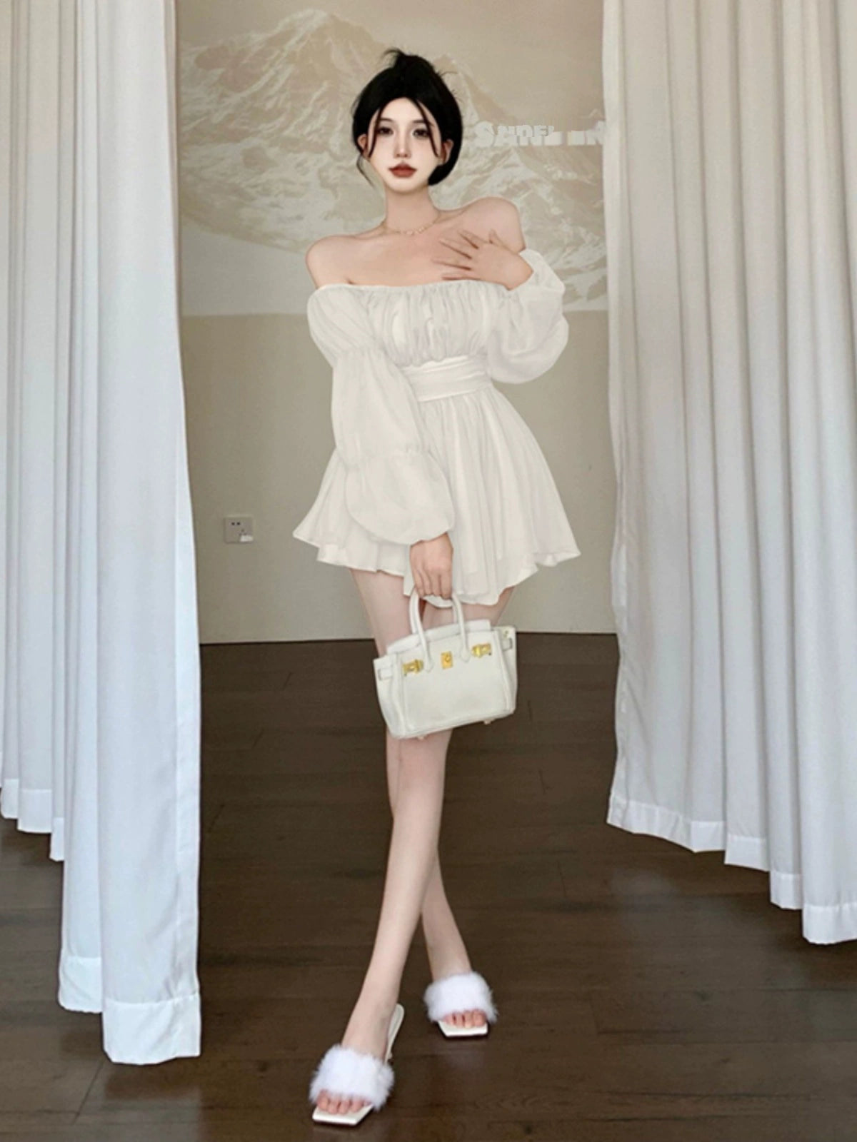 Autumn and Winter off-Shoulder Long Sleeve Sexy Chiffon Dress