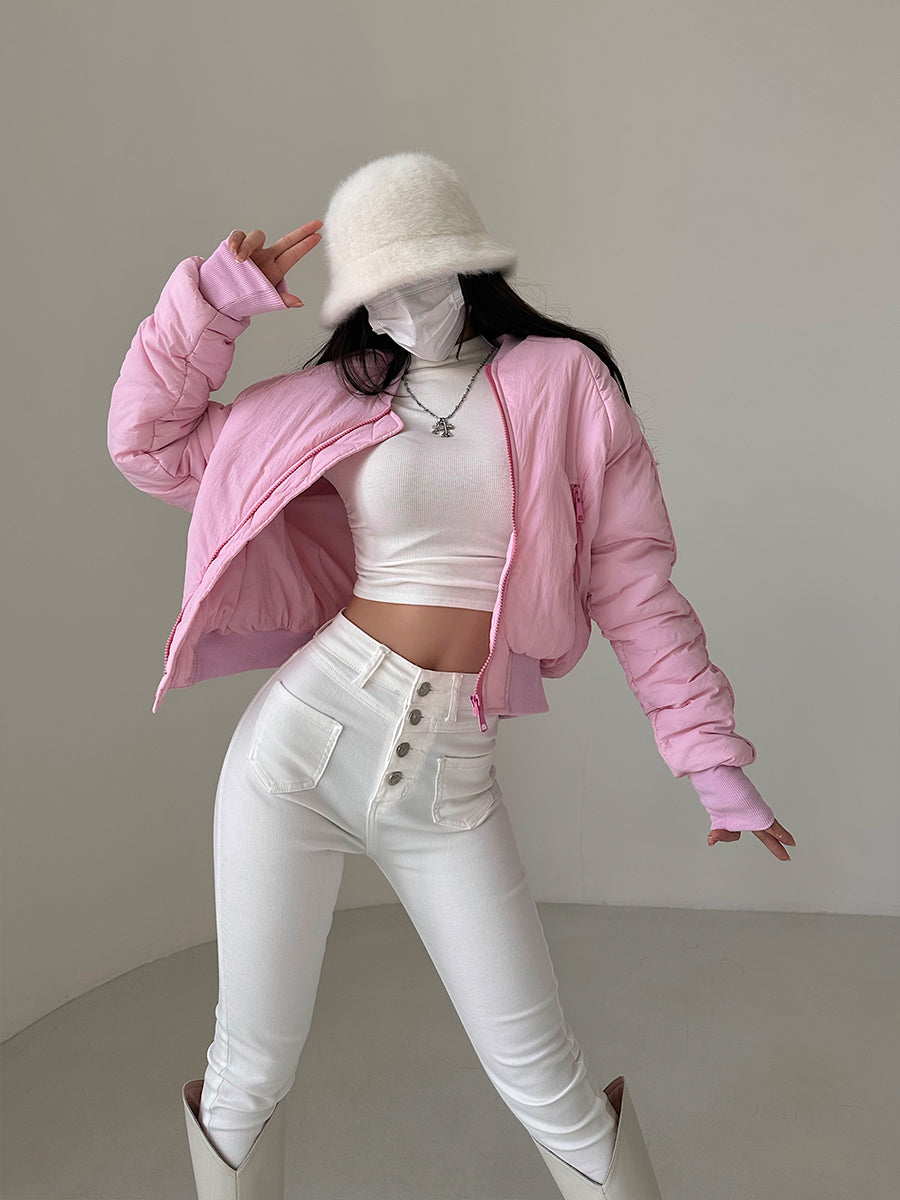 Amya Solid Color Puffer Cropped Long Sleeve Jacket