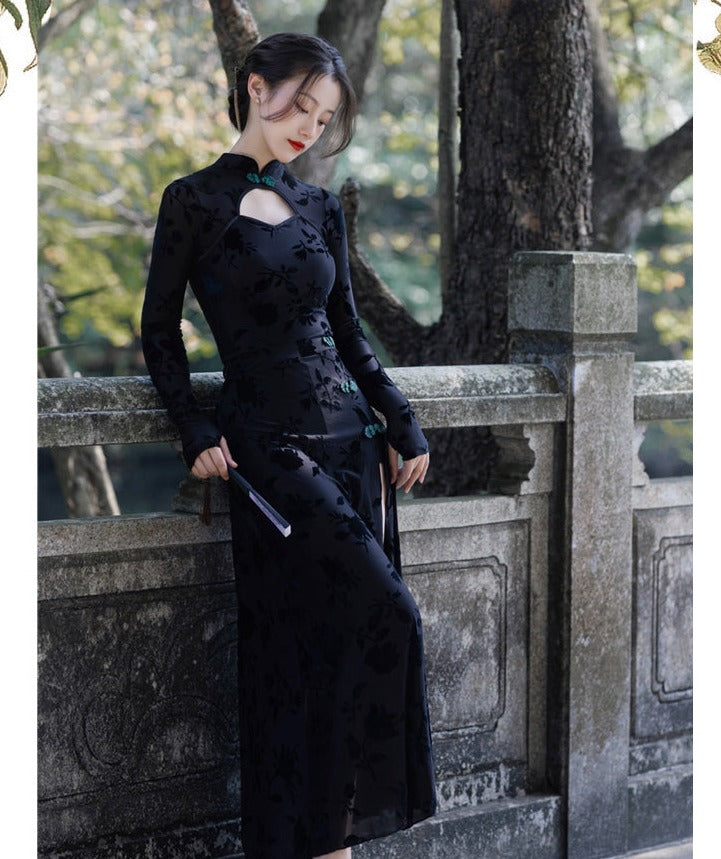 Lilith Black 90s Style Cheongsam 2-Piece Dress