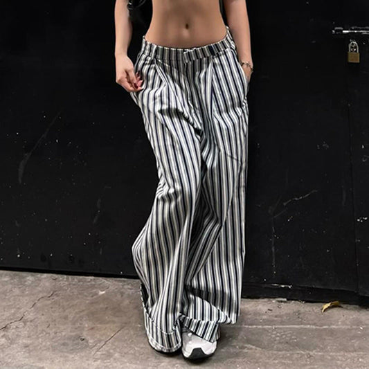 Picsgirl -  American Fashion Vertical Stripes Contrast Color Slim Low Waist Hot Girl Loose Workwear Casual Pants 2024 New Style