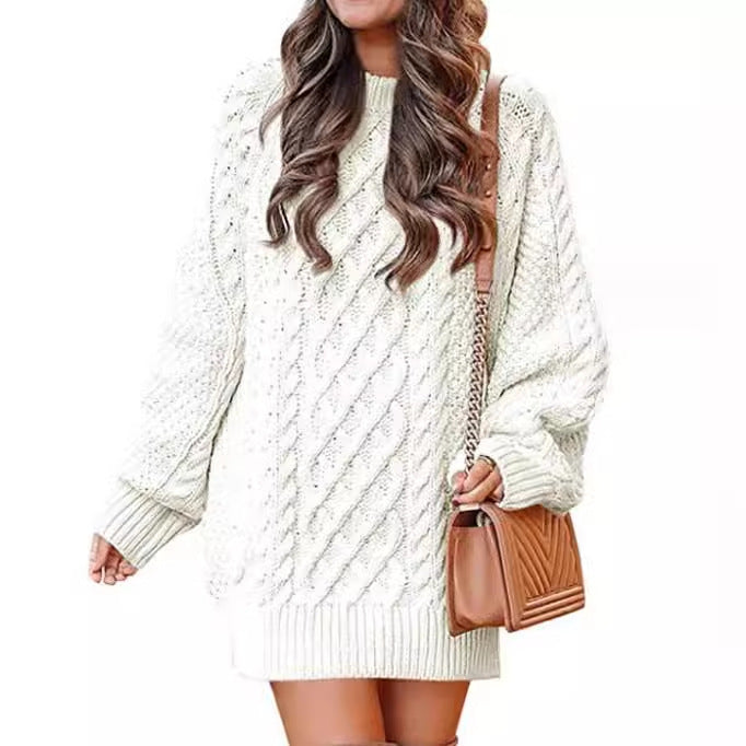 men’s fall fashion 2024 Women's round Neck Long Sleeve Large Profile Twisted Knitted Thick Needle Pullover Mid-Length Warm Sweater for Women Dress