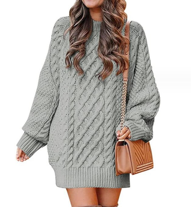 men’s fall fashion 2024 Women's round Neck Long Sleeve Large Profile Twisted Knitted Thick Needle Pullover Mid-Length Warm Sweater for Women Dress