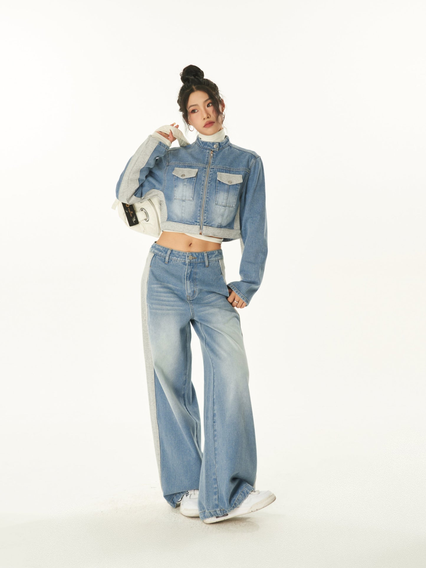 Dallas Patchwork Denim Blue Cropped Jeans Jacket High Waist Straight Leg Denim Jeans Pants Matching Set