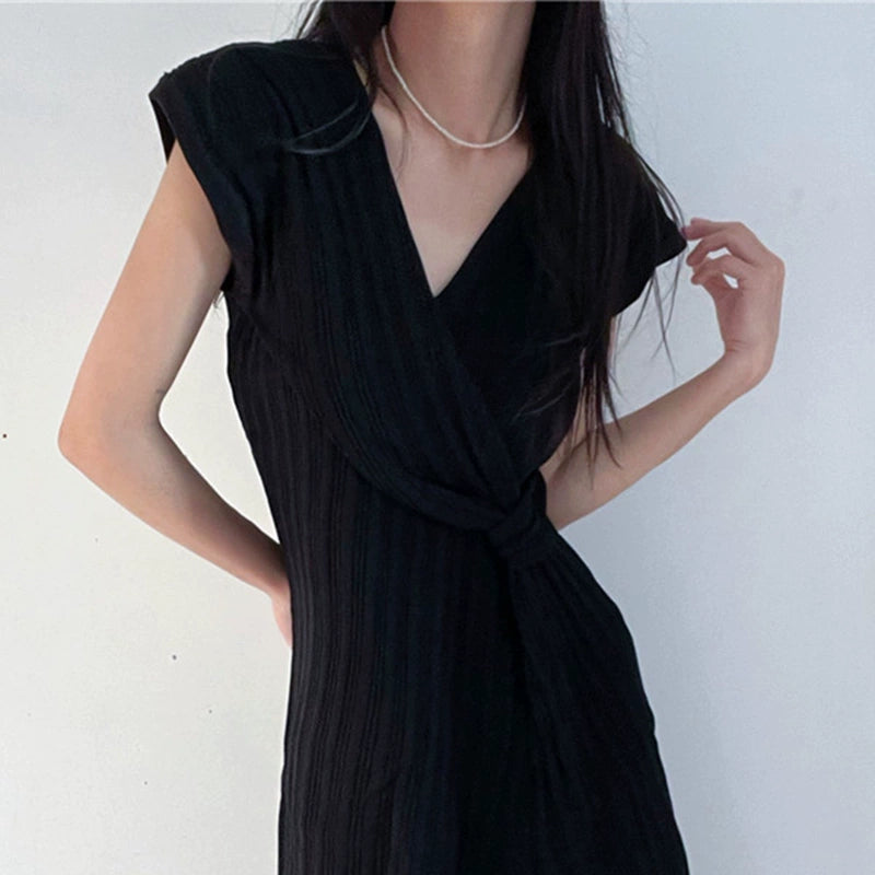 Light and mature style irregular V-neck slim dress sexy strap design slit mid-skirt for women