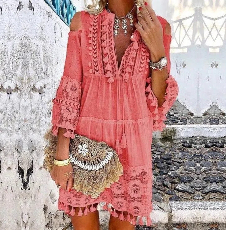 Causal 3/4 Sleeve V Neck Holiday Boho Dresses AD614