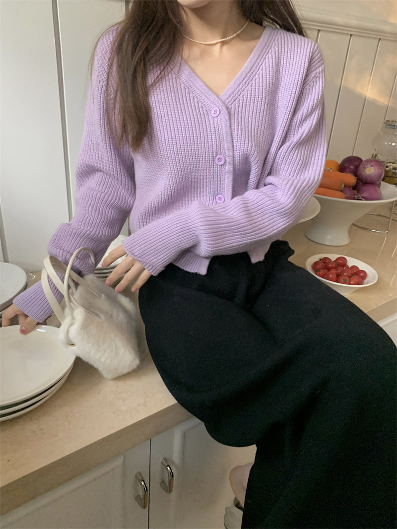 Letica Solid Color Ribbed Long Sleeve Button Up Cropped Sweater