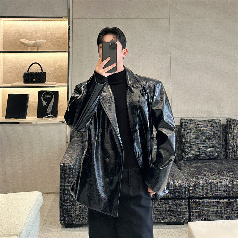 men in black costume Korean Style Crocodile Leather Pattern Shoulder Pad Bright Leather Suit Leather Coat Black and Red Two-Color Trendy Ruan Handsome Suit Jacket 