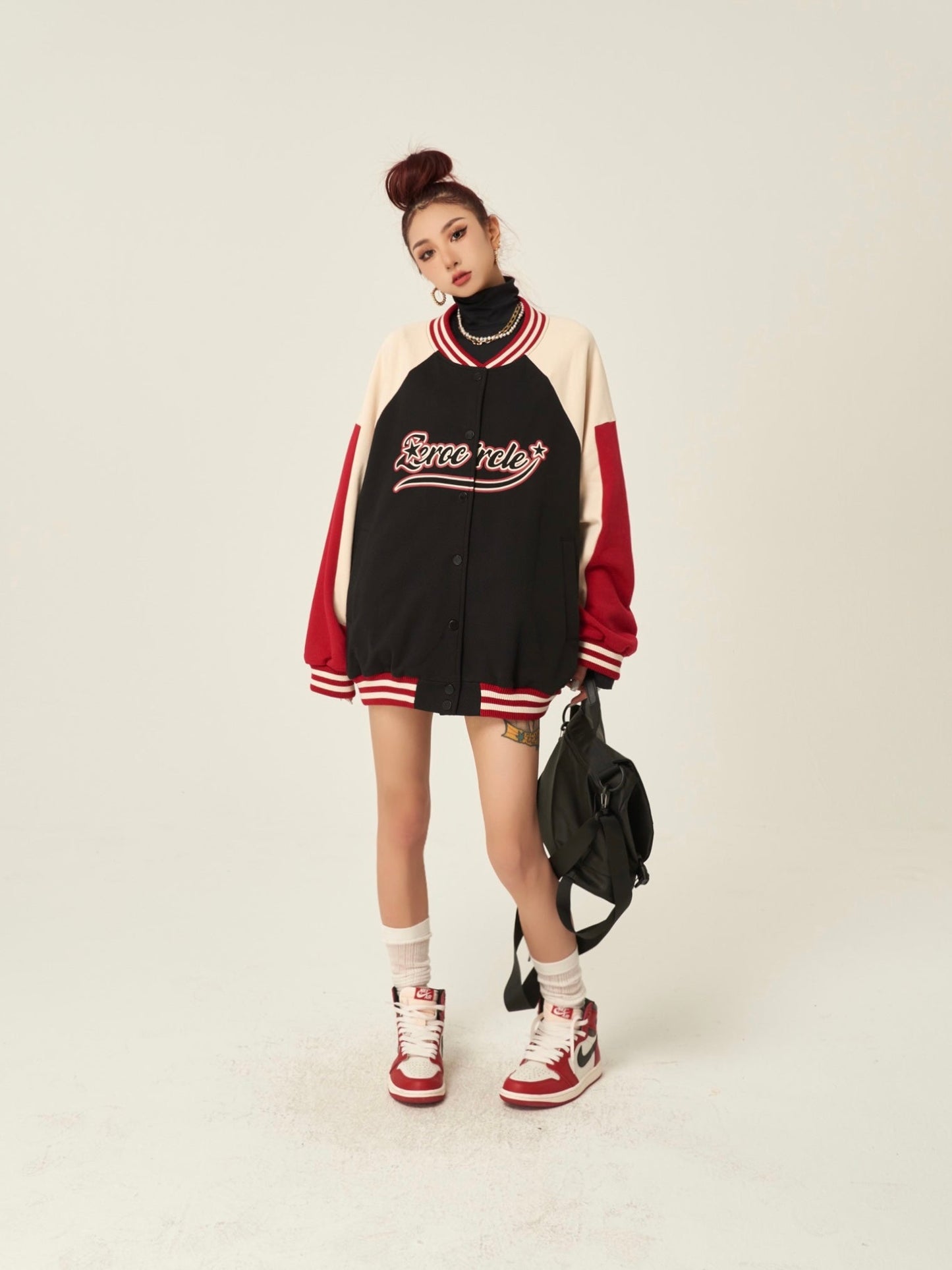 Zerocircle Letter Print Patchwork Long Sleeve Button Up Varsity Jacket